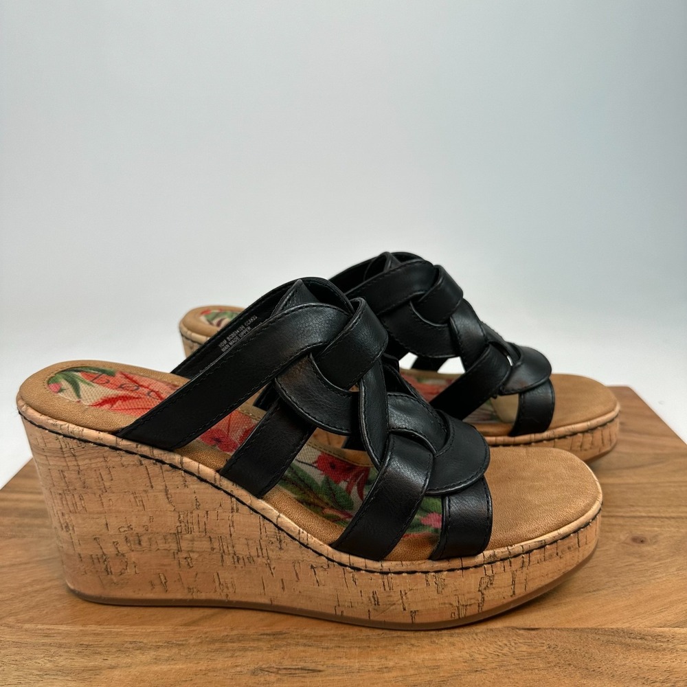 New Womens BOC Born Cora Black Faux Leather Cork Slip On Wedge Sandals Size 10 M